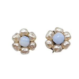 Miriam Haskell Blue Art Glass Faux Pearl Gold Tone Clip Earrings Vintage